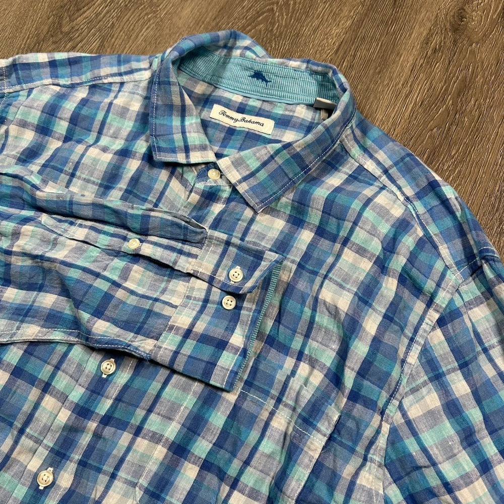 Tommy Bahama Button Down Shirt XXL Blue Plaid Linen Long Sleeve Lightweight